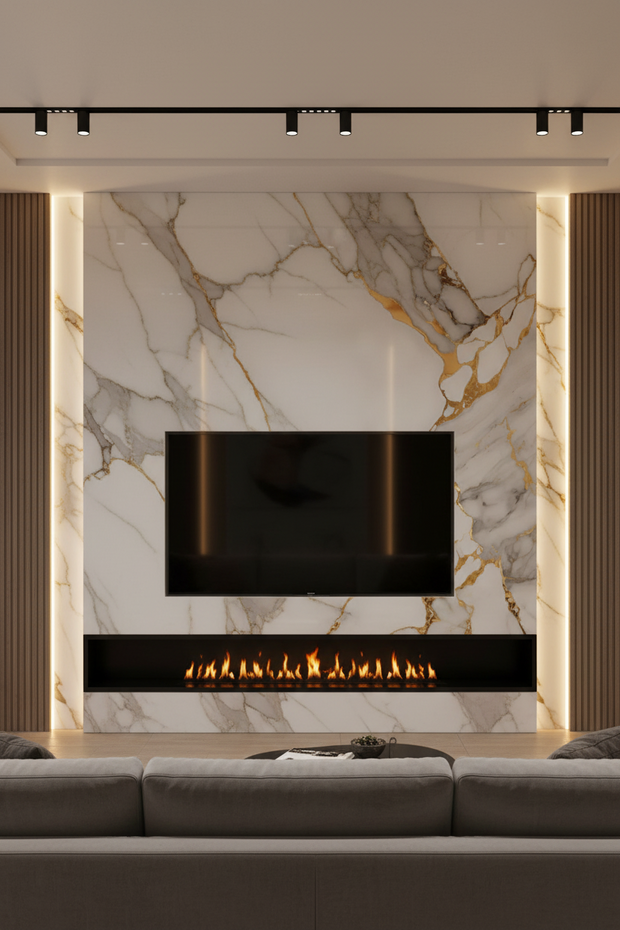 Modern living room with a marble wall featuring an electric fireplace.