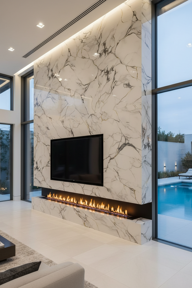 Modern living room with marble fireplace and television
