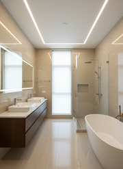 Modern bathroom with a shower, bathtub, and vanity area.