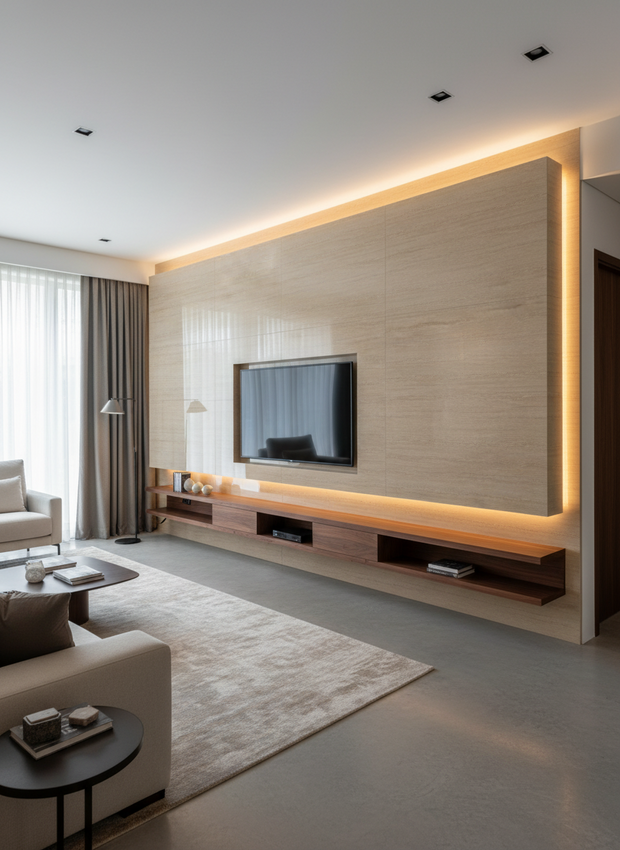 Modern living room with a large wall-mounted TV and wooden entertainment unit.