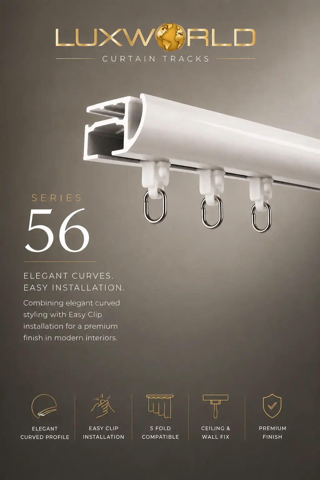Series 56 curved-profile Easy Clip curtain tracking system