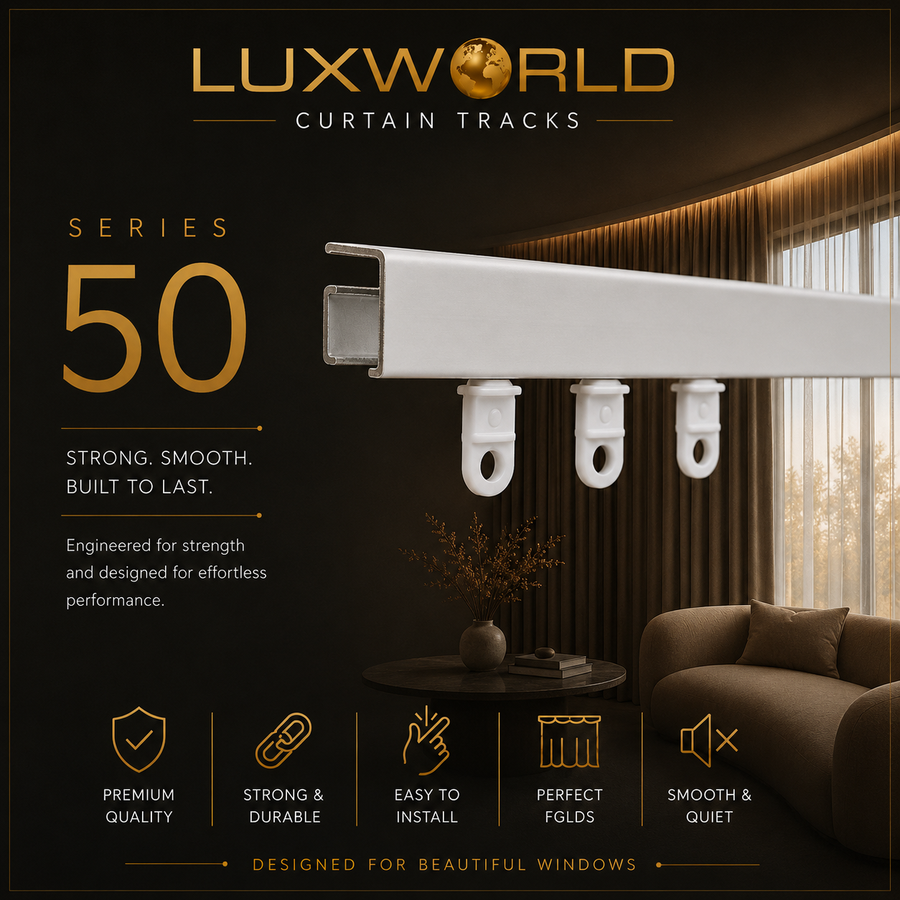 Luxworld Series 50 Curtain Tracks shown mounted on a window track bar in a modern living room setting. The white aluminum track and white plastic clips are featured against a dark background with gold text highlighting strength, smooth performance, and suitability for beautiful windows.
