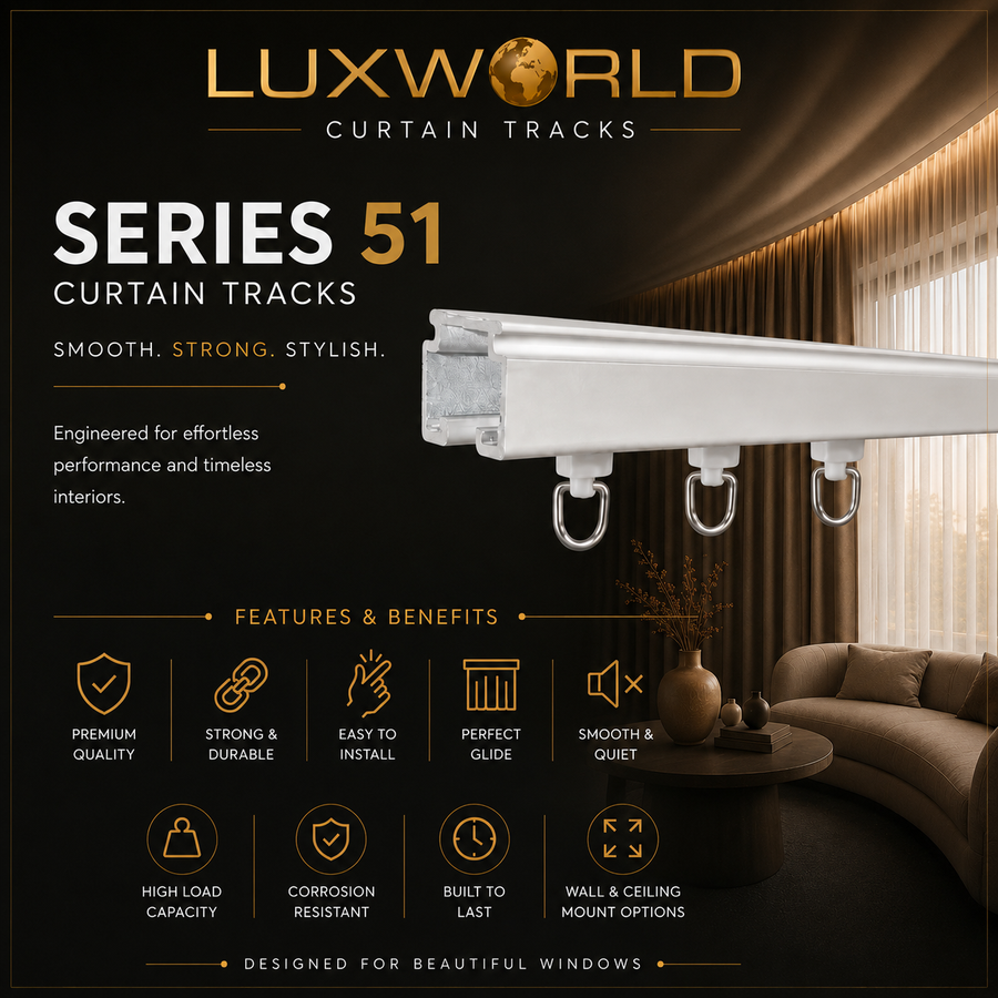 Luxworld Series 51 Curtain Tracks shown mounted on a window rod in a modern living room setting, with promotional text and feature icons on a dark background.