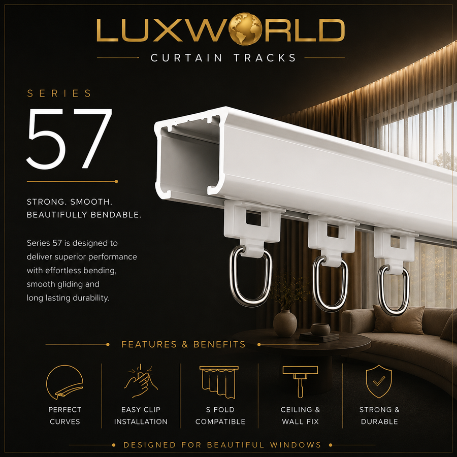 Luxworld Series 57 curtain track shown in a white aluminum profile with three metal hanging rings, presented on a dark promotional background with product text and a softly lit interior room scene.