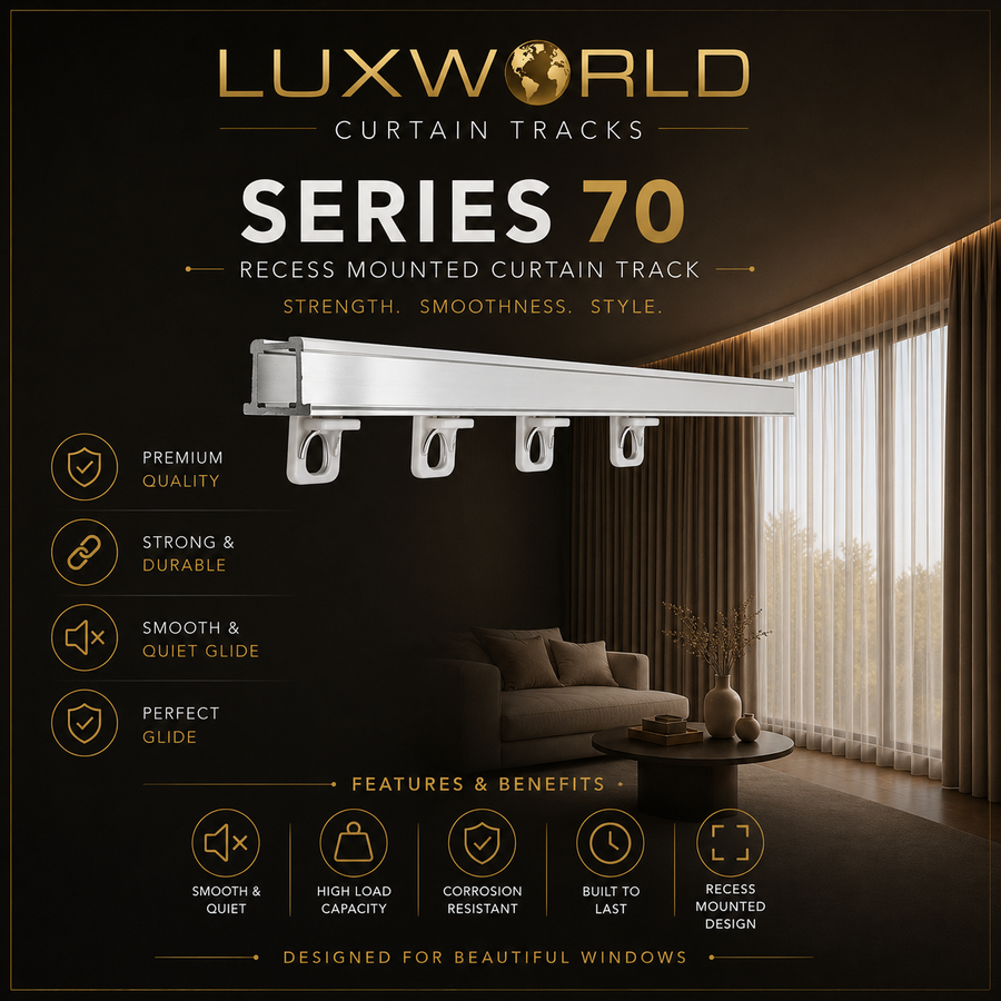 Luxworld Series 70 Recess Mounted Curtain Track shown in a modern living room setting, featuring a silver metal track with four white roller sleeves. The image includes promotional text highlighting premium quality, strong durability, smooth operation, and a perfect glide, alongside feature icons and a benefits section.
