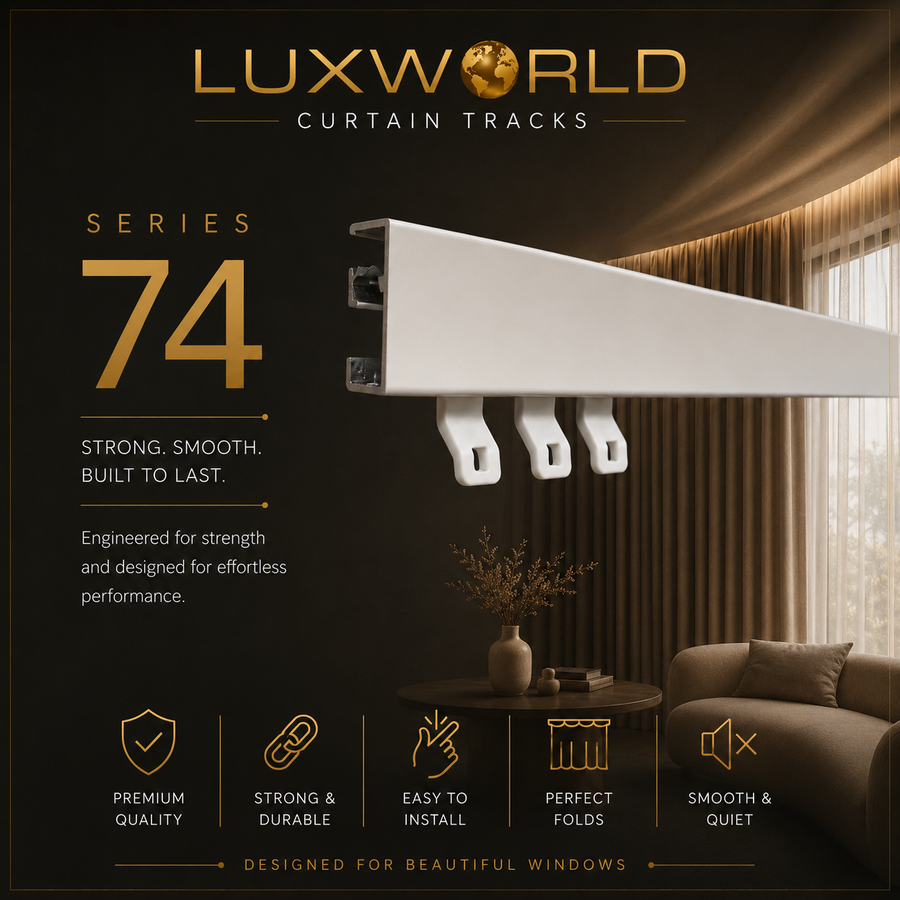 Luxworld Series 74 curtain track shown mounted above a window in a styled interior room, with large promotional text on a dark background.