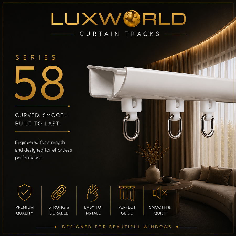 LUXWORLD Series 58 Curtain Tracks in a white curved aluminum design with silver metal hanging rings, shown mounted against a window in a modern living room setting. The image features a dark black background with gold text highlighting the product's strength and smooth performance.