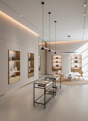 Modern interior design with shelves, mirrors, and furniture in a well-lit room.