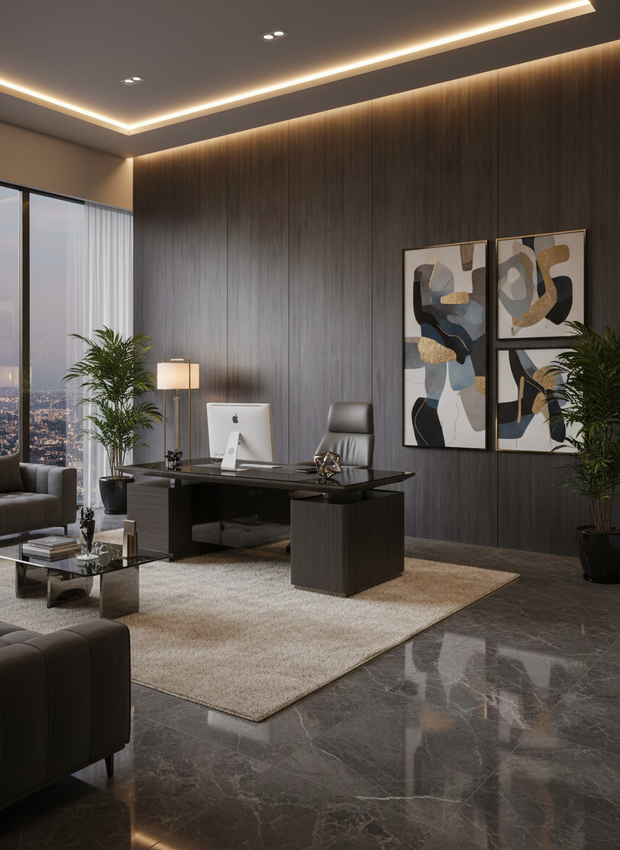 Modern office interior with a desk, chairs, and wall art.