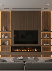 Modern living room with a fireplace and wooden shelves
