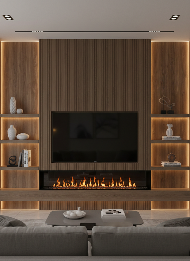 Modern living room with a fireplace and wooden shelves