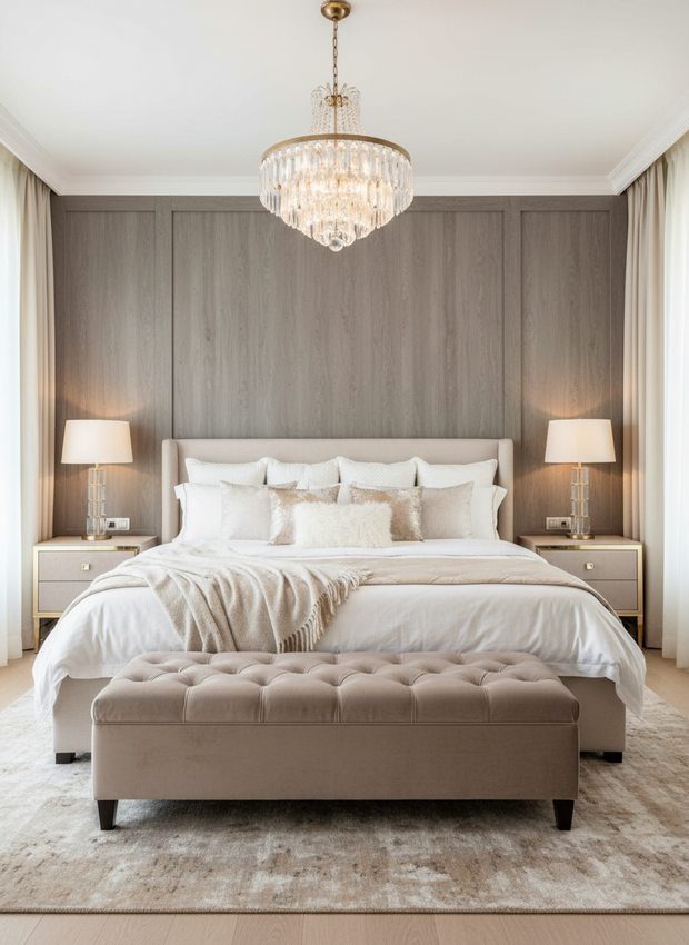 Neatly made bed with white bedding in a bedroom setting, featuring a chandelier and side lamps.