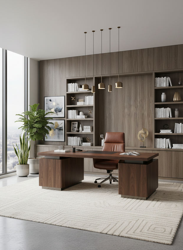 Modern office interior with a wooden desk, bookshelves, and decor.