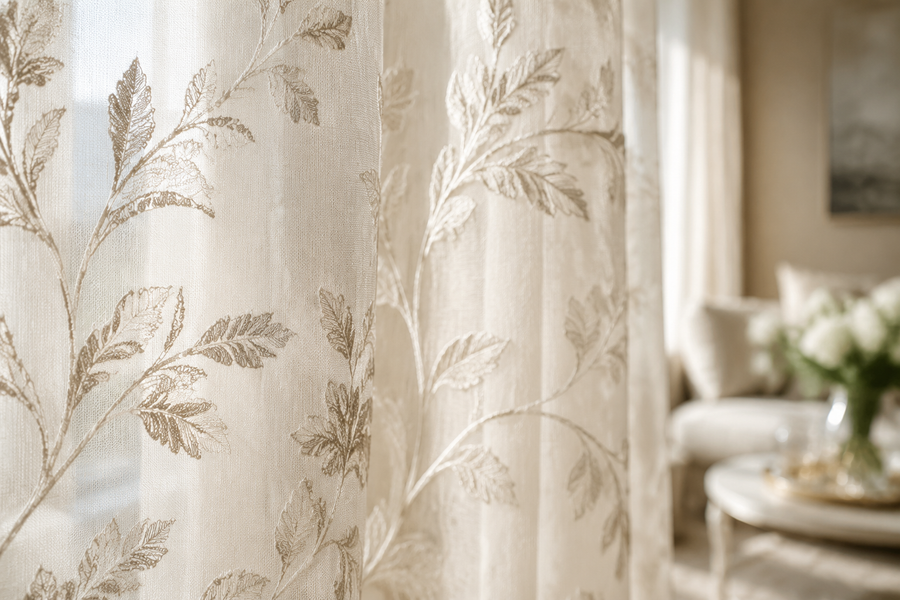 Soft botanical embroidered curtain style