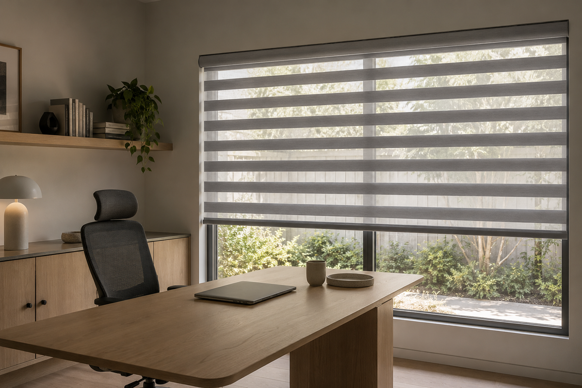Zebra blinds controlling glare in a study