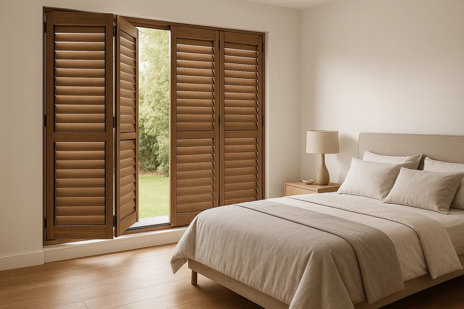 Bi-fold Aluminium Shutters in Timber look colour in bedroom 