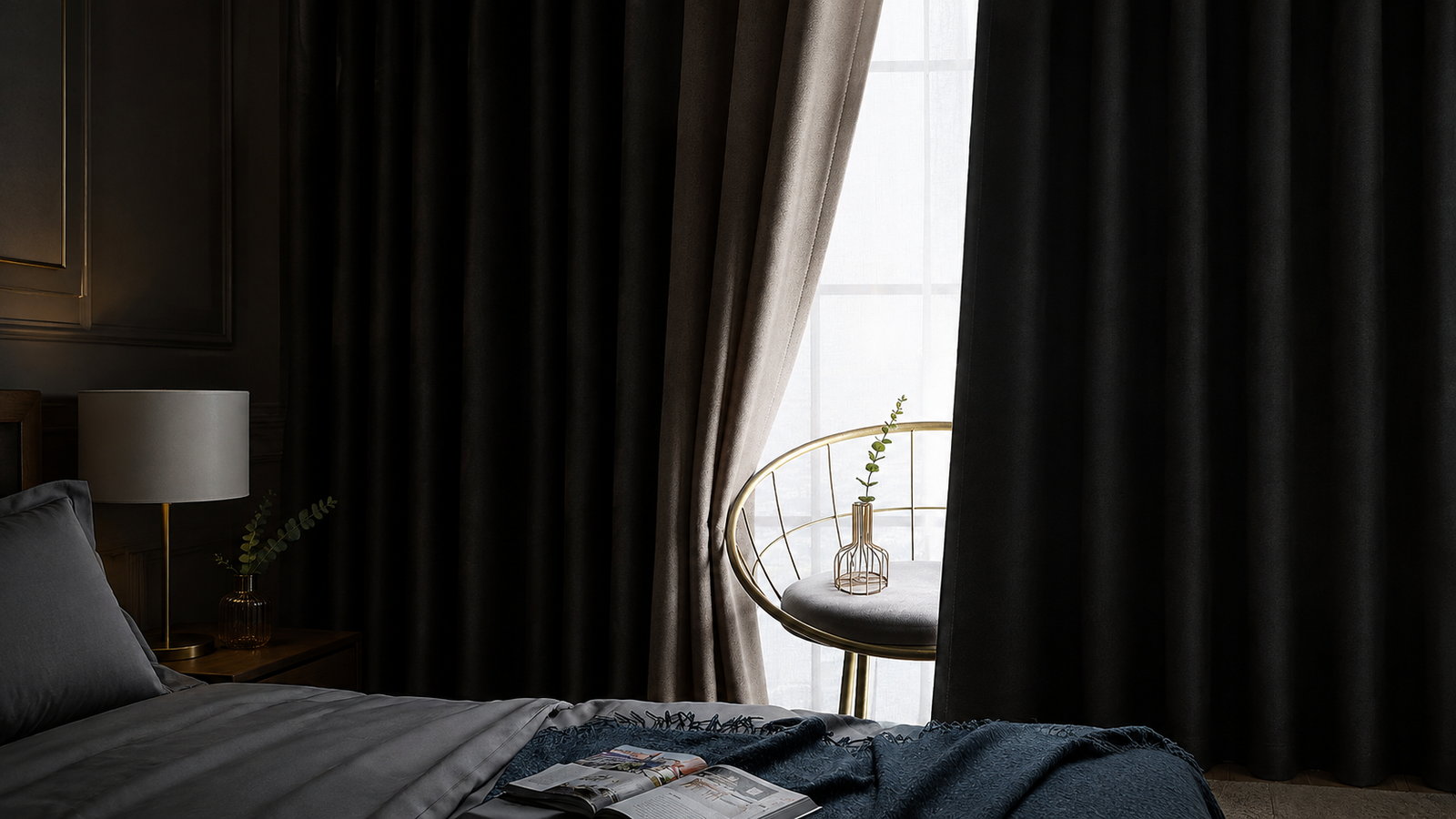 Closed blackout curtains reducing daylight and improving privacy