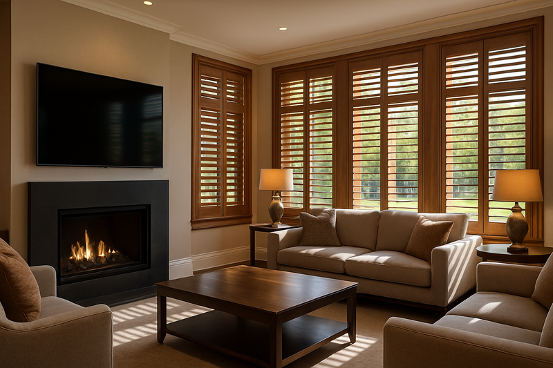 generate a HD quality picture wood colour plantation shutter in luxury living area overlooking park. living window has tv and fireplace 