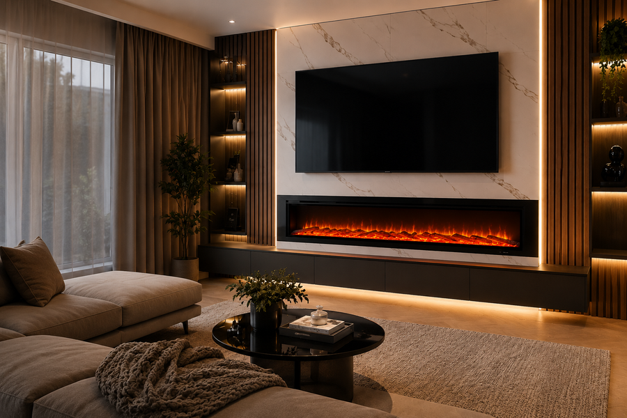 LUXWORLD 72-inch electric fireplace Perth, built-in and wall-mounted, with 1800W power, showcasing modern design and flame display.