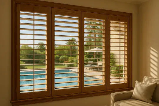LUXWORLD Basewood Plantation Shutters installed on a window, showcasing natural wood finish and classic plantation style.