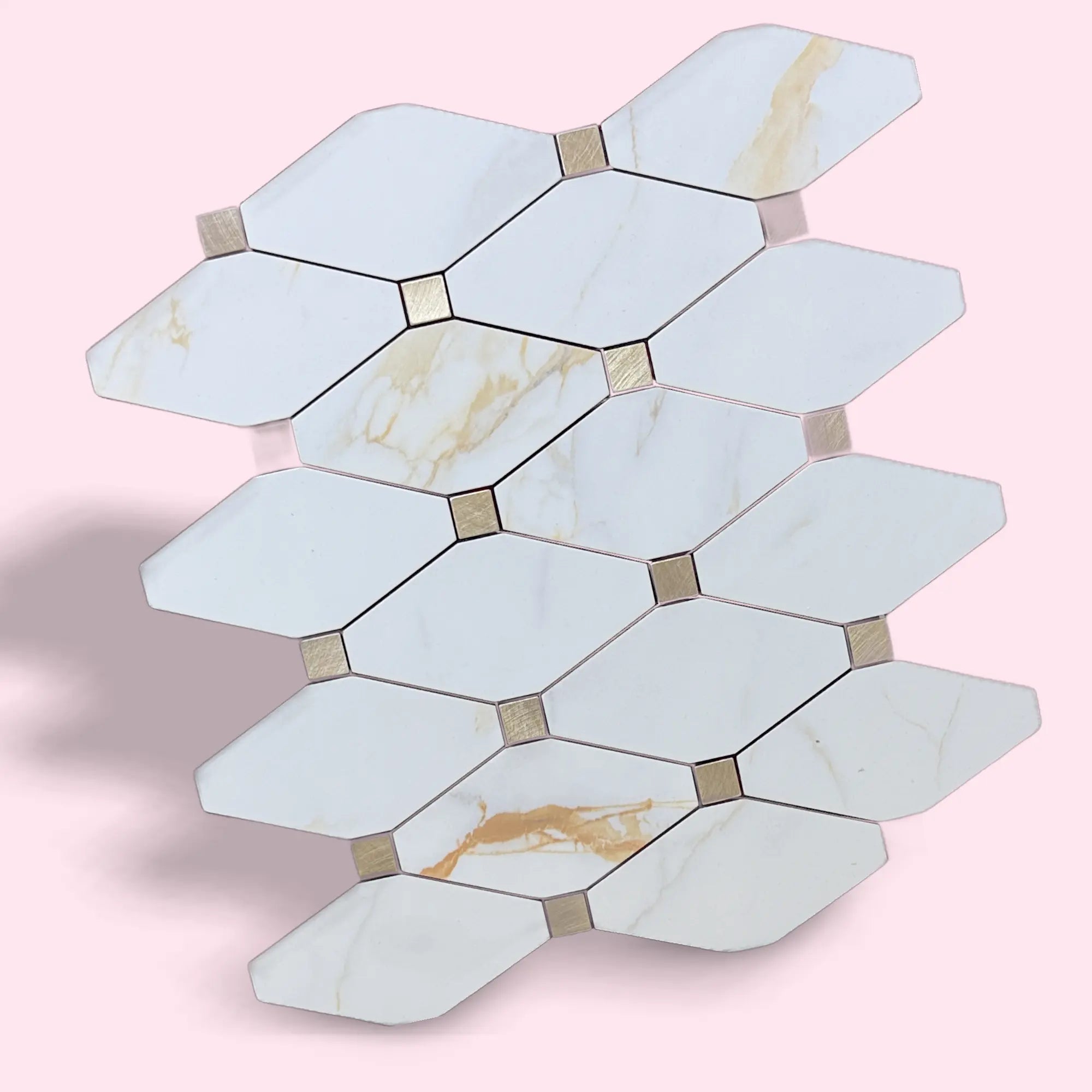 Peel stick mosaic tile from LuxWorld, MOS-JS-010-1 style, showcasing colorful, geometric adhesive mosaic pattern on a white background.