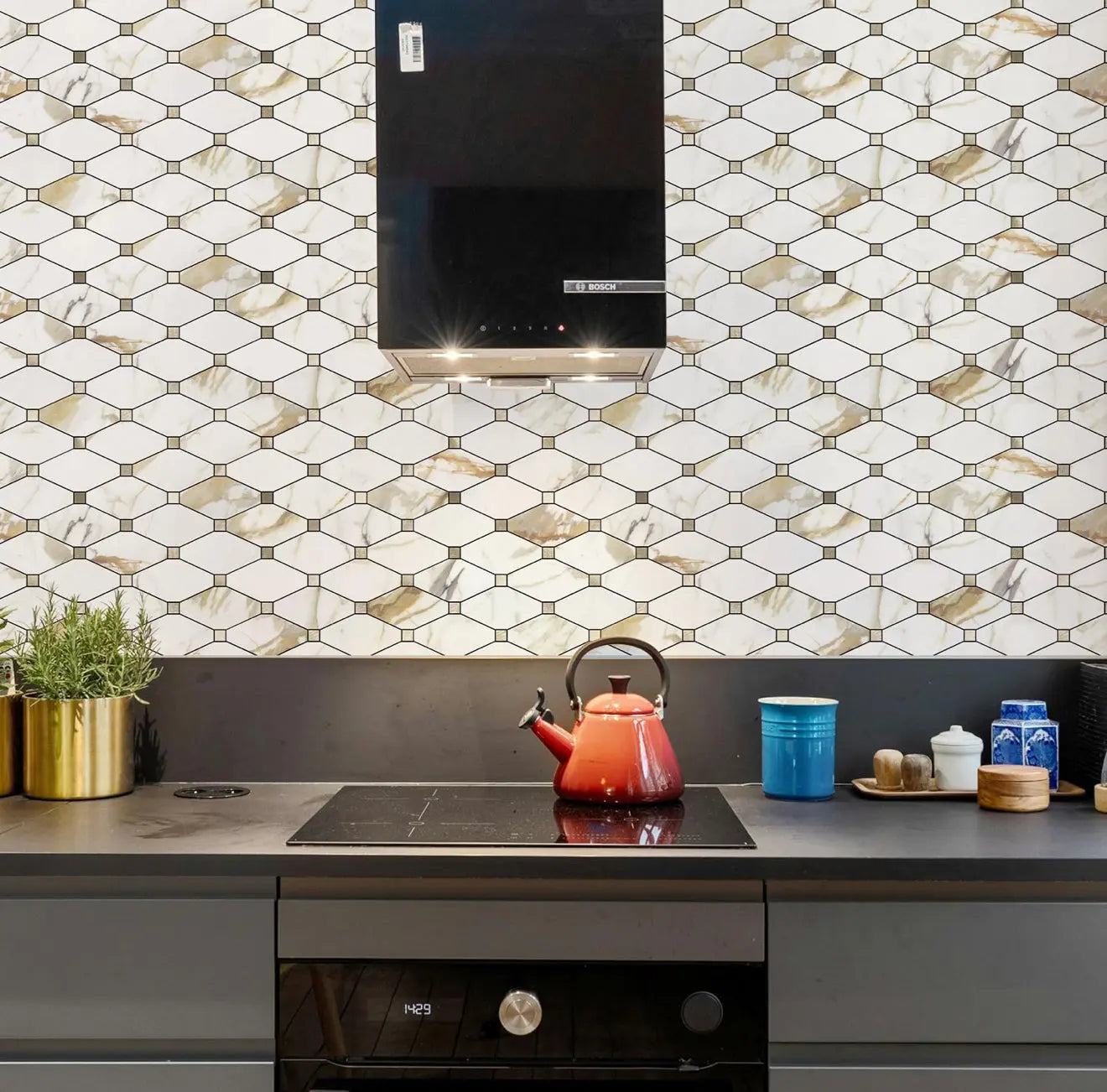 Peel stick mosaic tiles in neutral tones from LUXWORLD, showing the mosaic pattern and textured surface for wall or backsplash decor.