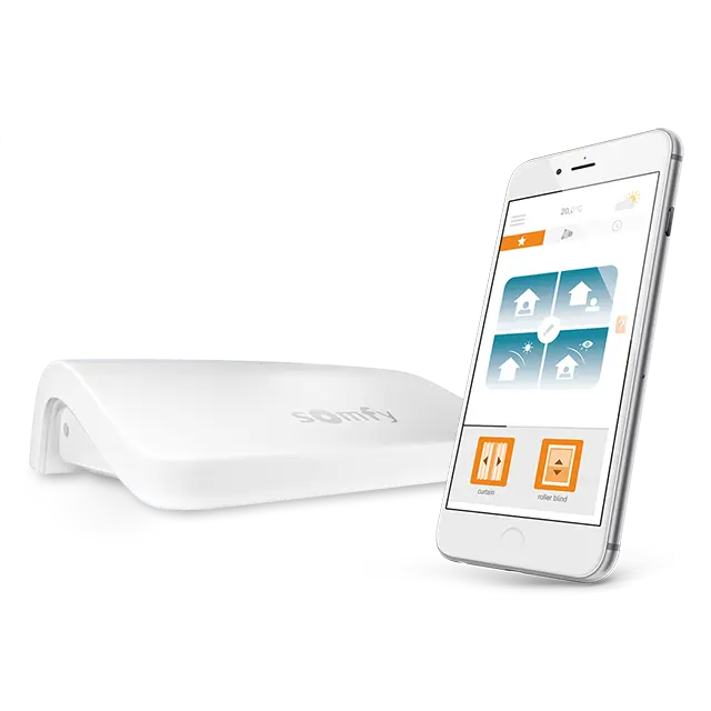 Luxworld Series 82 powered by Somfy with sleek black motorized window shade and control switch for smart home automation.