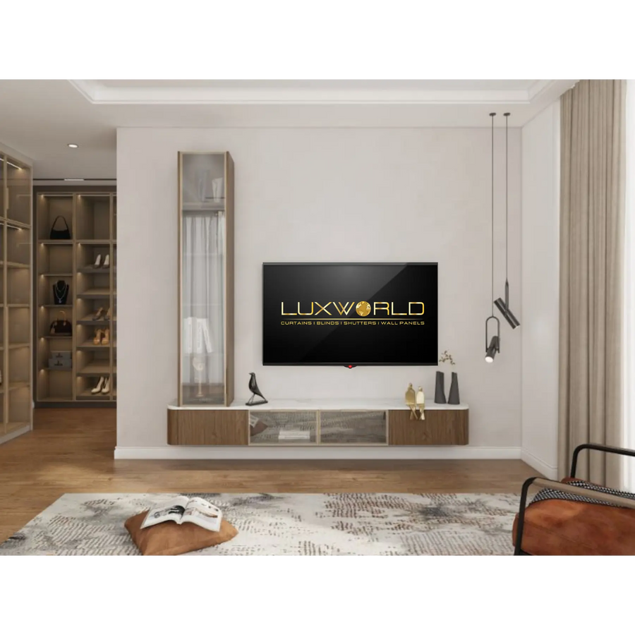 Charcoal leather floating TV unit with glass display cabinet by LUXWORLD, showcasing modern design and sleek storage space.