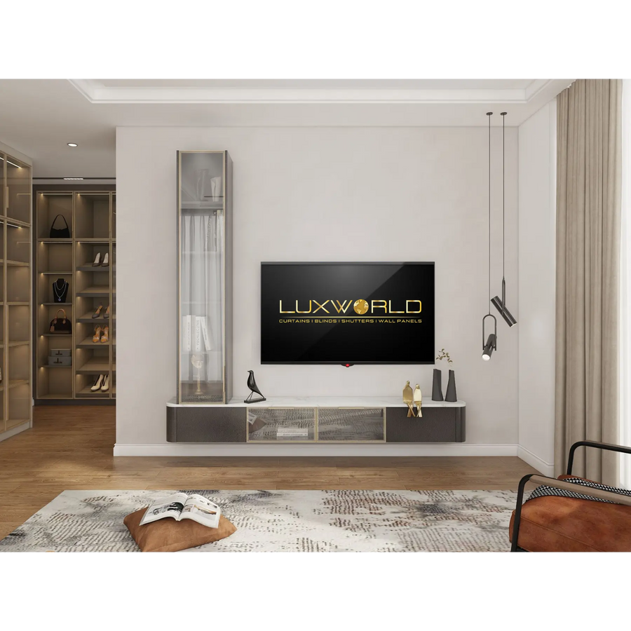 Charcoal leather floating TV unit with glass display cabinet by LUXWORLD, modern wall-mounted entertainment console.
