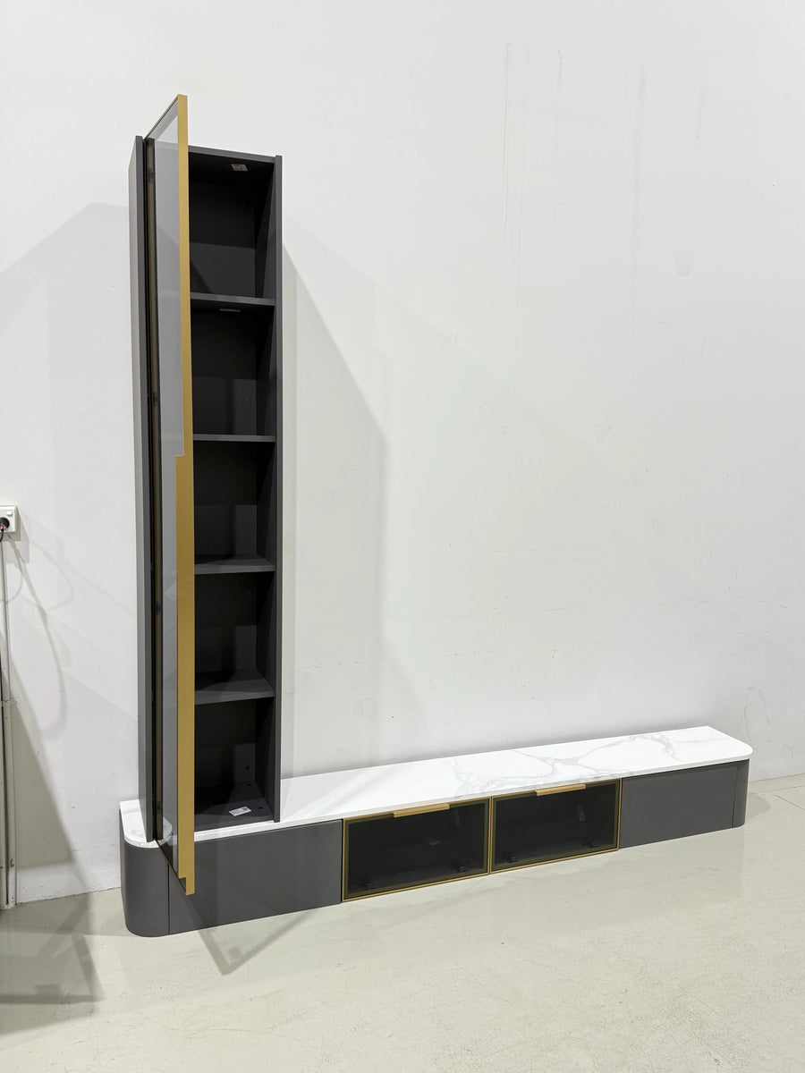 Charcoal leather floating TV unit by LUXWORLD with glass display cabinet and sleek modern design.