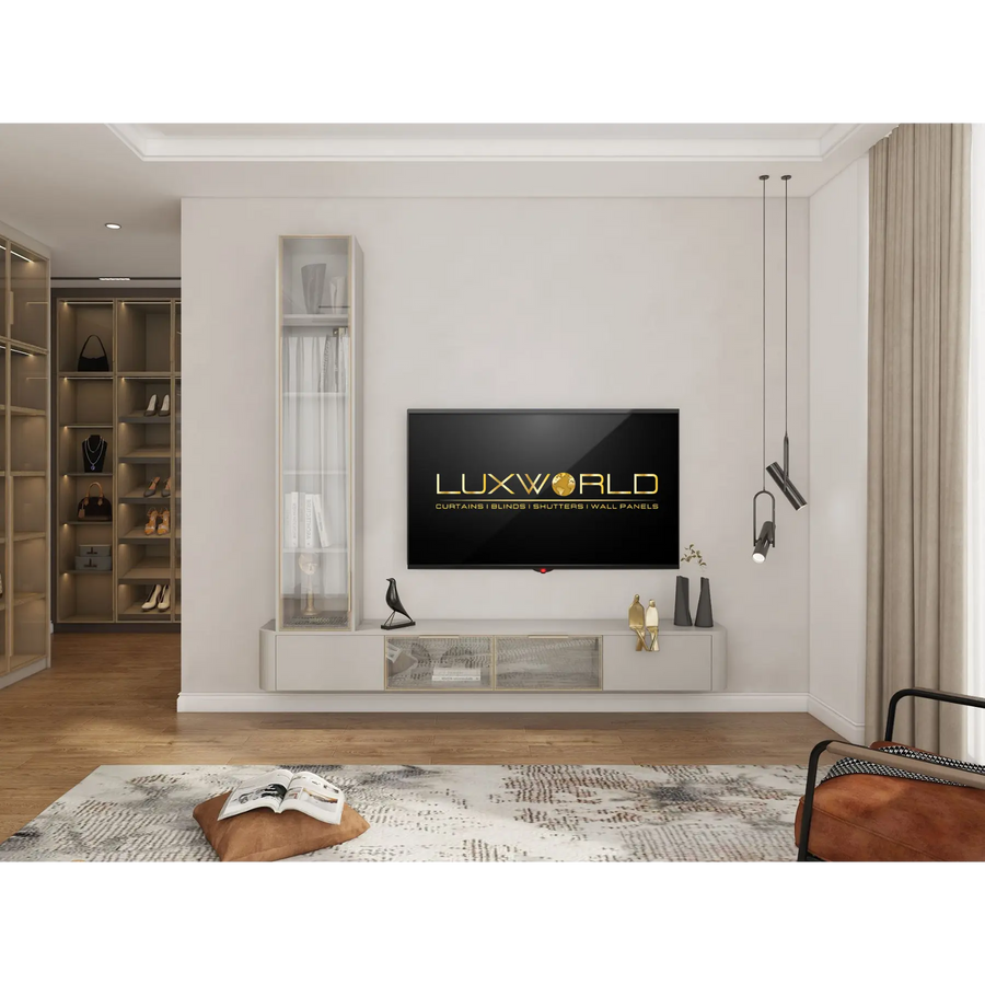 Pearl White floating TV unit with glass display cabinet by LUXWORLD, modern wall-mounted TV stand with sleek storage and display space.