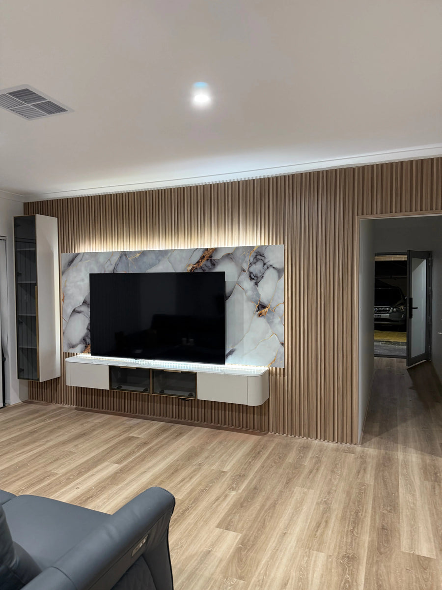 Pearl White floating TV unit by LUXWORLD with glass display cabinet and modern design for living room entertainment setup.