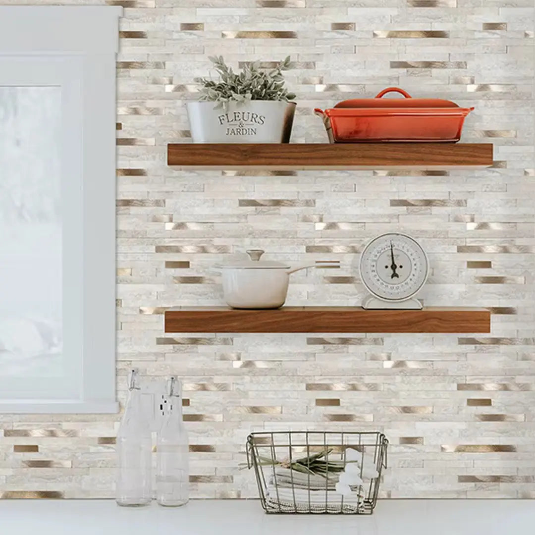 Luxworld peel stick mosaic tile in gold, showcasing a close-up of the decorative, self-adhesive mosaic for home decor.
