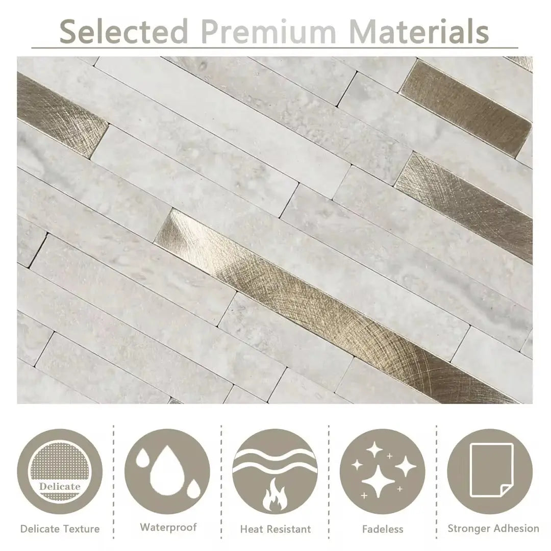 Luxworld peel stick mosaic tile in gold, featuring small square mosaic design for wall or backsplash decor.