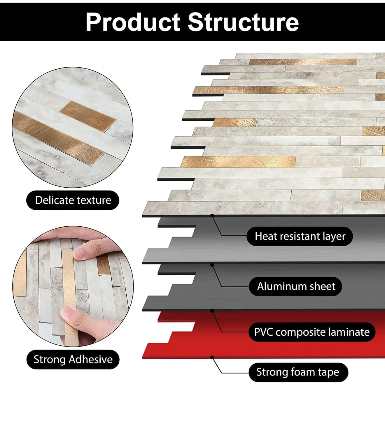 Luxworld gold peel stick mosaic tile, easy-to-apply decorative wall tile with a shiny mosaic pattern.