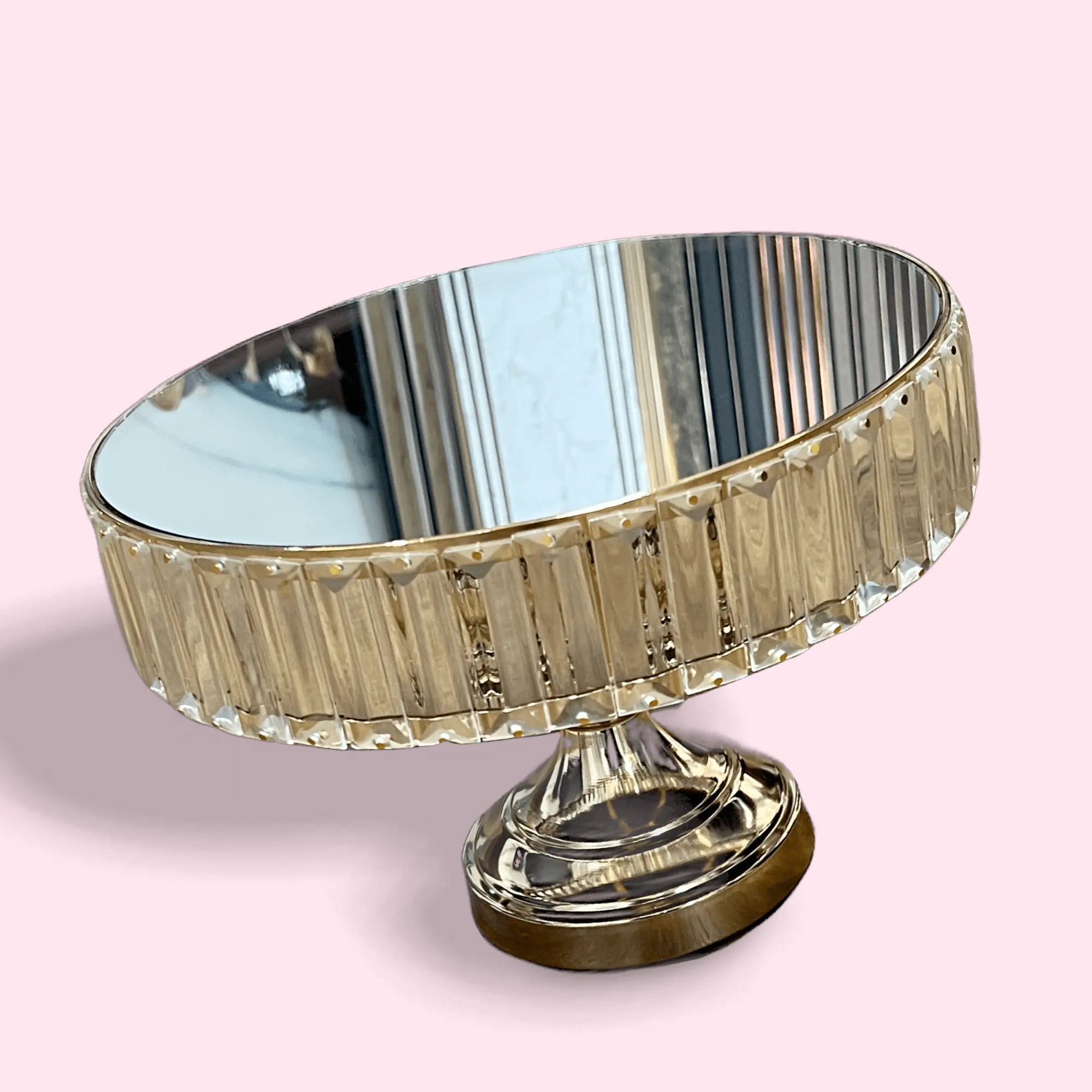 Luxworld Chandler Golden Cake Stand with mirrored surface and mineral pearl accents, perfect for elegant home decor displays.