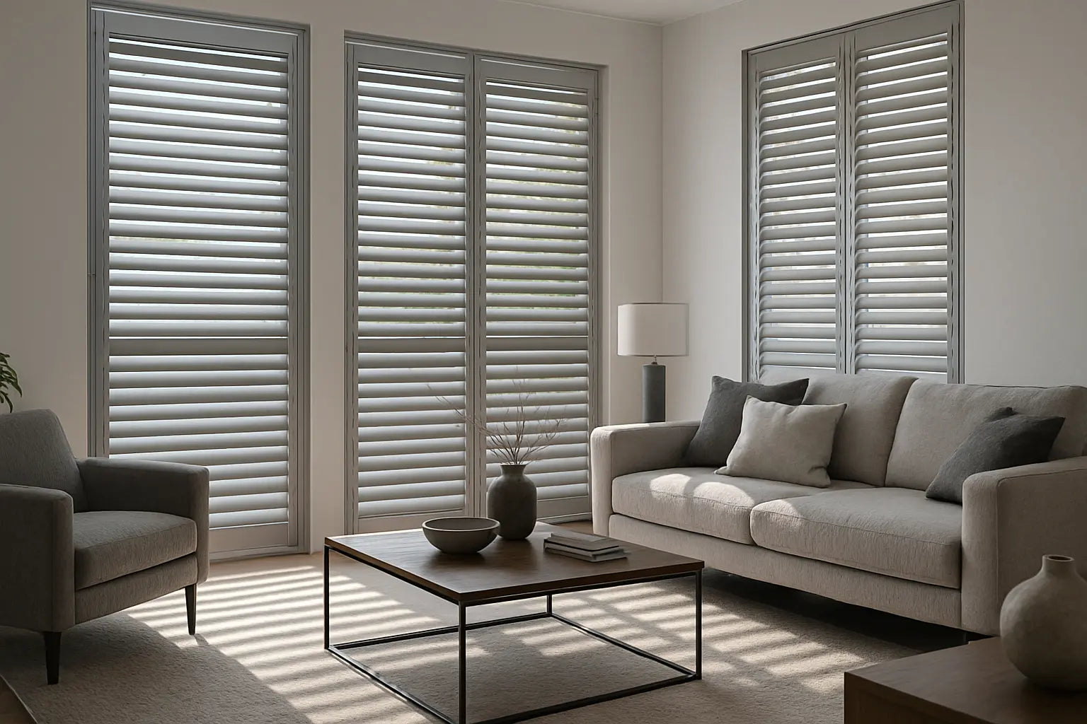 LUXWORLD aluminium plantation shutter with adjustable louvers, installed in a modern interior window for light control and privacy.