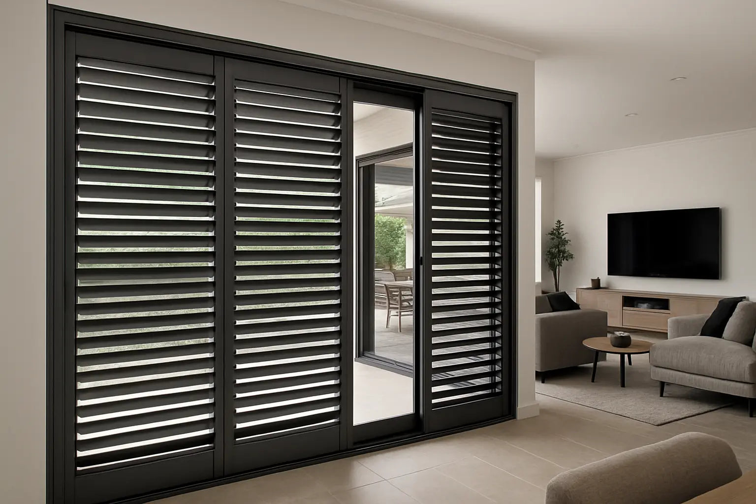 Aluminium plantation shutter by LUXWORLD with adjustable slats, mounted on a window for light control and privacy.