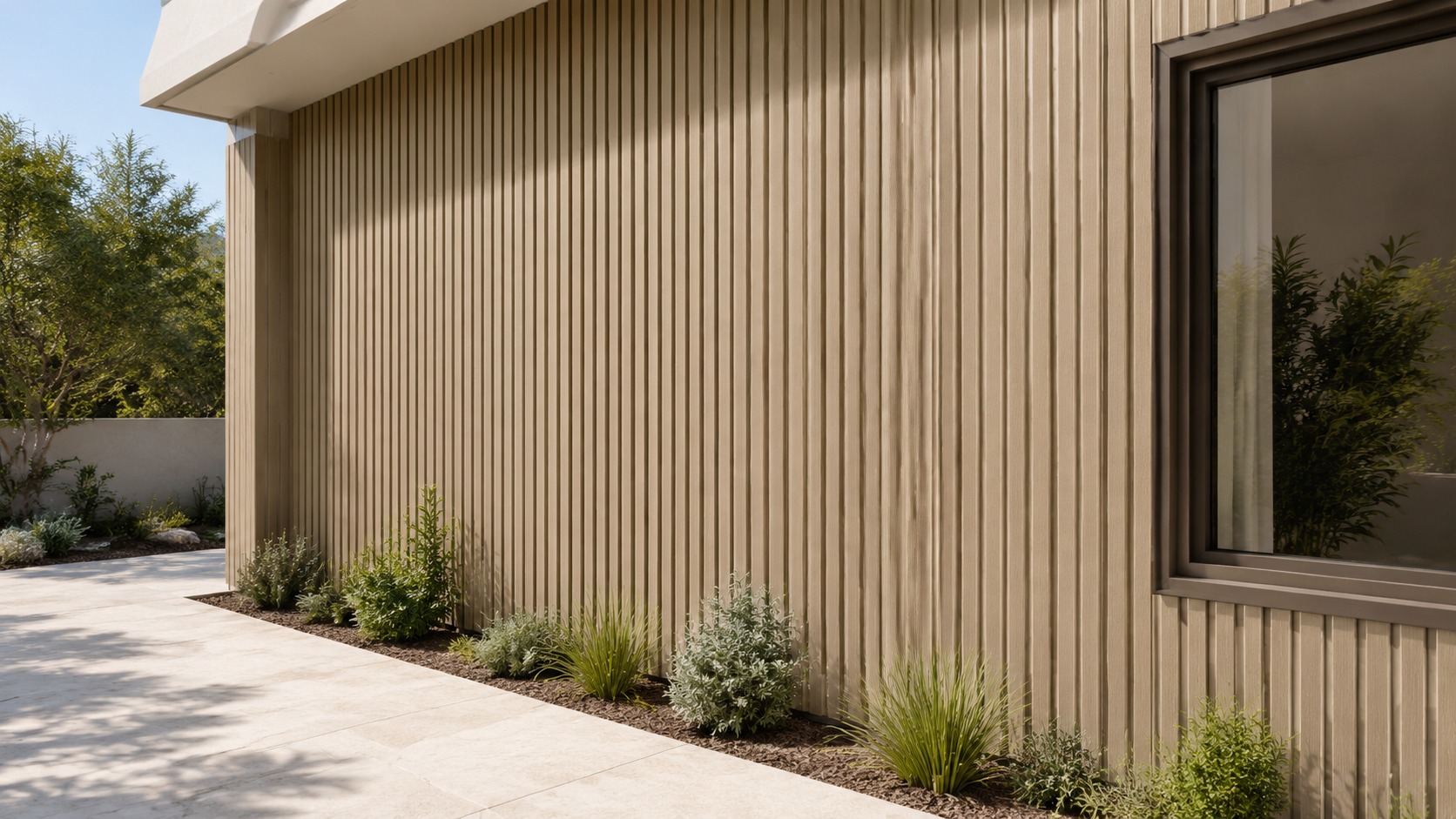 Sandy Brown WPC outdoor wall panel installed on a contemporary Perth exterior