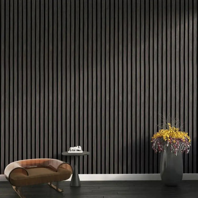 Black oak finish acoustic wall panels by LUXWORLD, 2700mm x 520mm, used as stylish wall cladding for sound absorption.