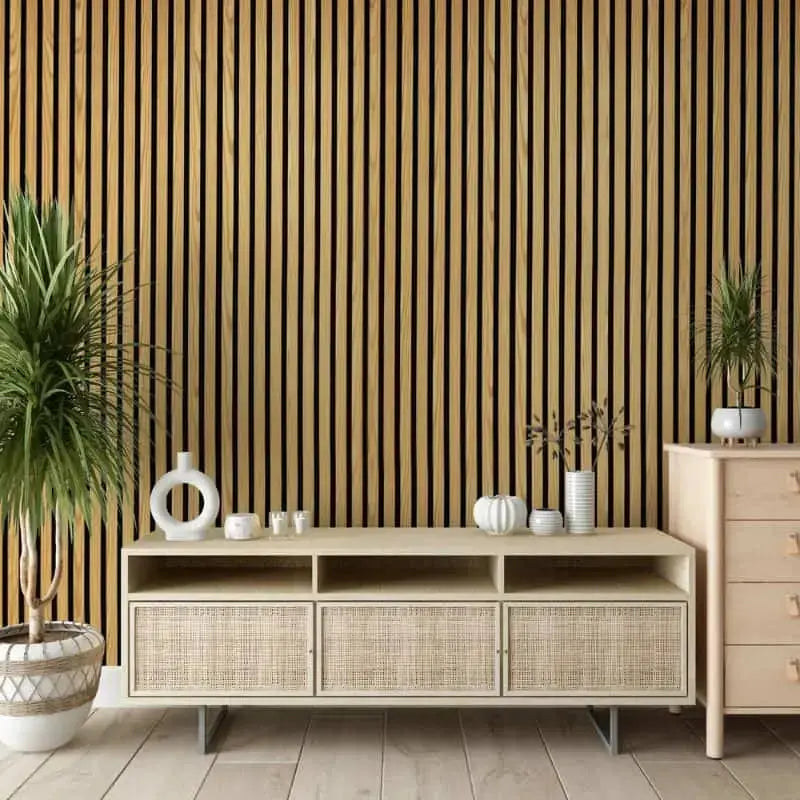 Acoustic wall panels in teak finish by LUXWORLD, 2700mm x 520mm wall cladding with natural wood grain texture.