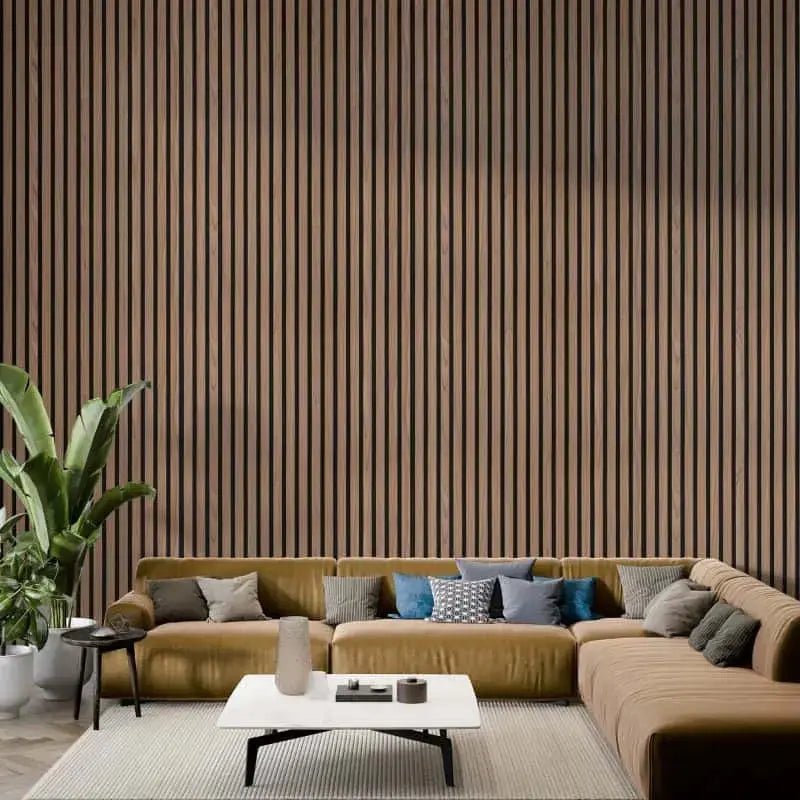 Acoustic wall panels in walnut finish by LUXWORLD, wall cladding, measuring 2700mm by 520mm, with a smooth wooden texture.