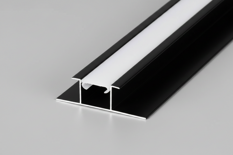 Black aluminum LED strip light wall cladding profile by LUXWORLD, designed for sleek, modern lighting installations.