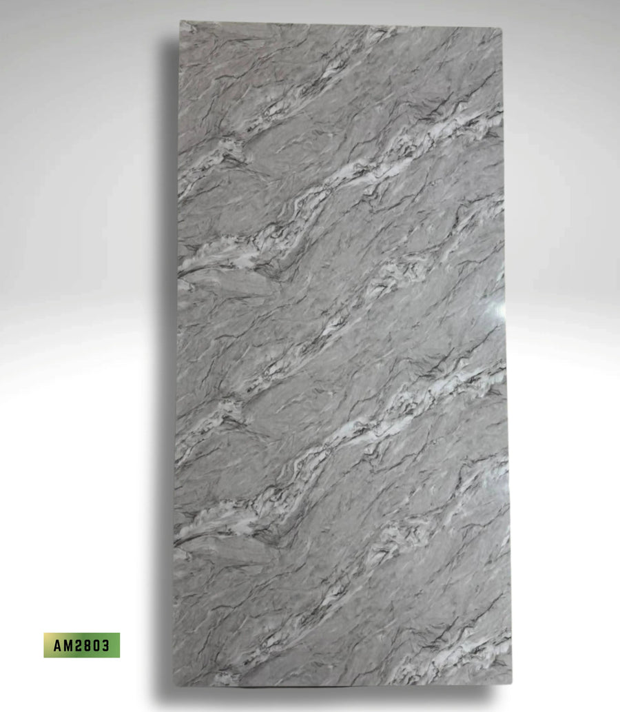 Bamboo charcoal PVC marble sheet wall cladding by LUXWORLD, 1220x2440mm, 8mm thick, with a black and gray marble pattern.