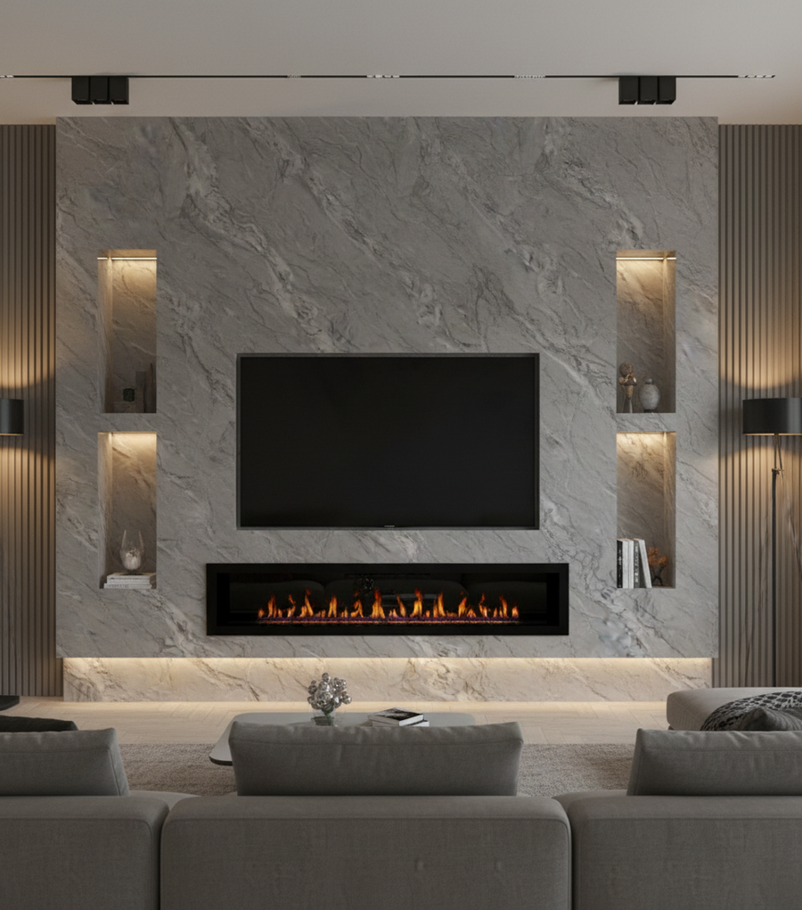 Bamboo charcoal PVC marble sheet wall cladding from LUXWORLD, 1220x2440mm, 8mm thick with a marble-like finish.