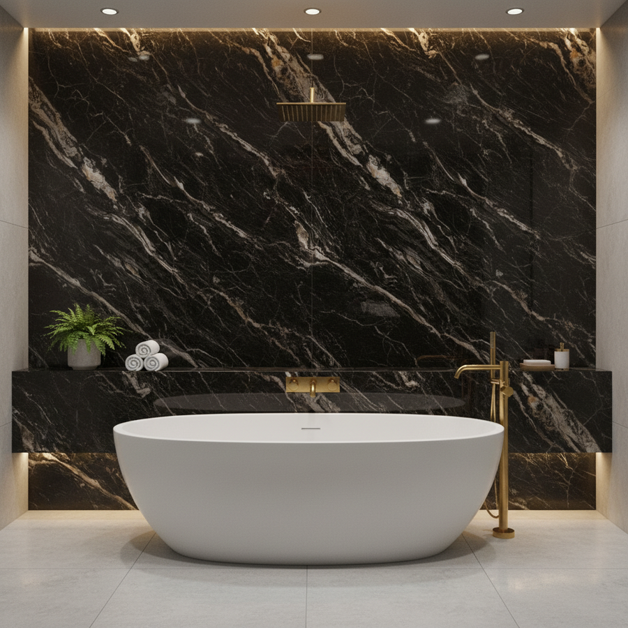 Black Granite SPC wet wall panel by LUXWORLD, 1220mm x 2900mm, wall cladding with a sleek, polished black granite finish.