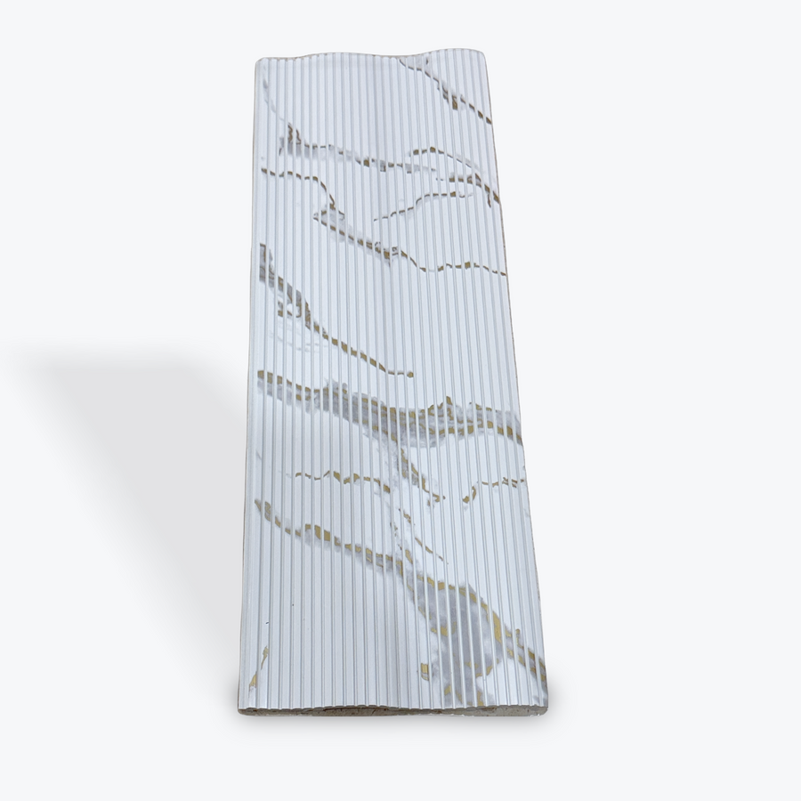 LUXWORLD Calacatta Gold Fluted PS marble wall cladding panel, decorative wall feature with gold veining and fluted design.
