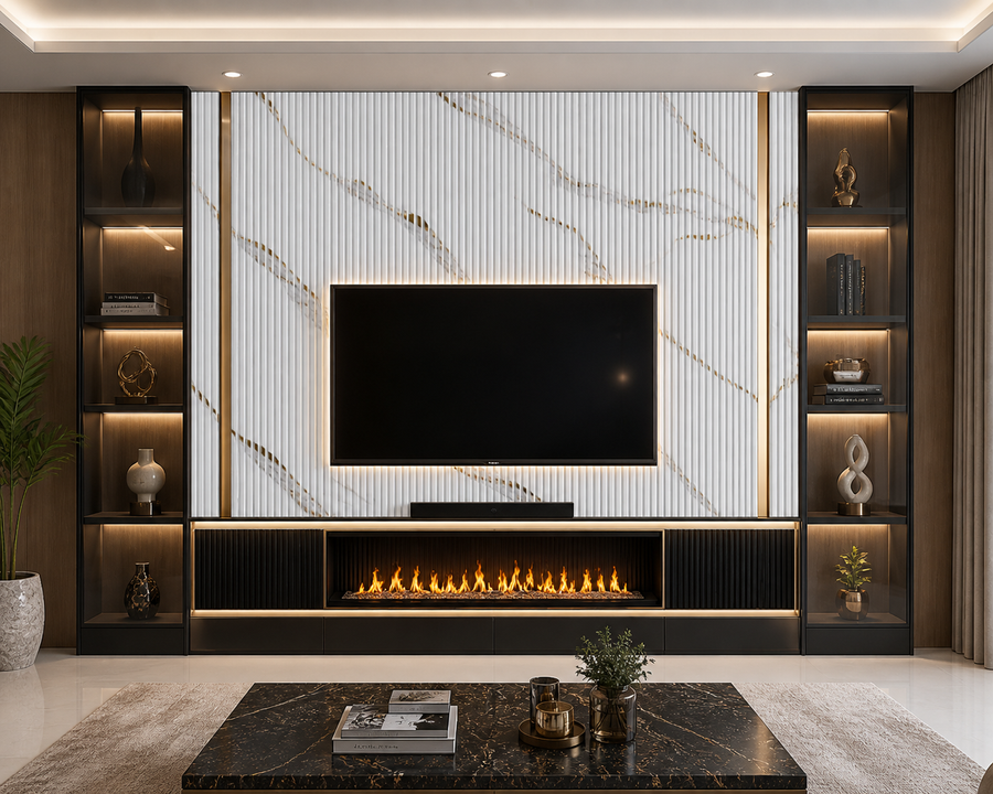 LUXWORLD Calacatta Gold Fluted PS wall panel, marble wall cladding with gold veining, ideal for feature walls in modern interiors.