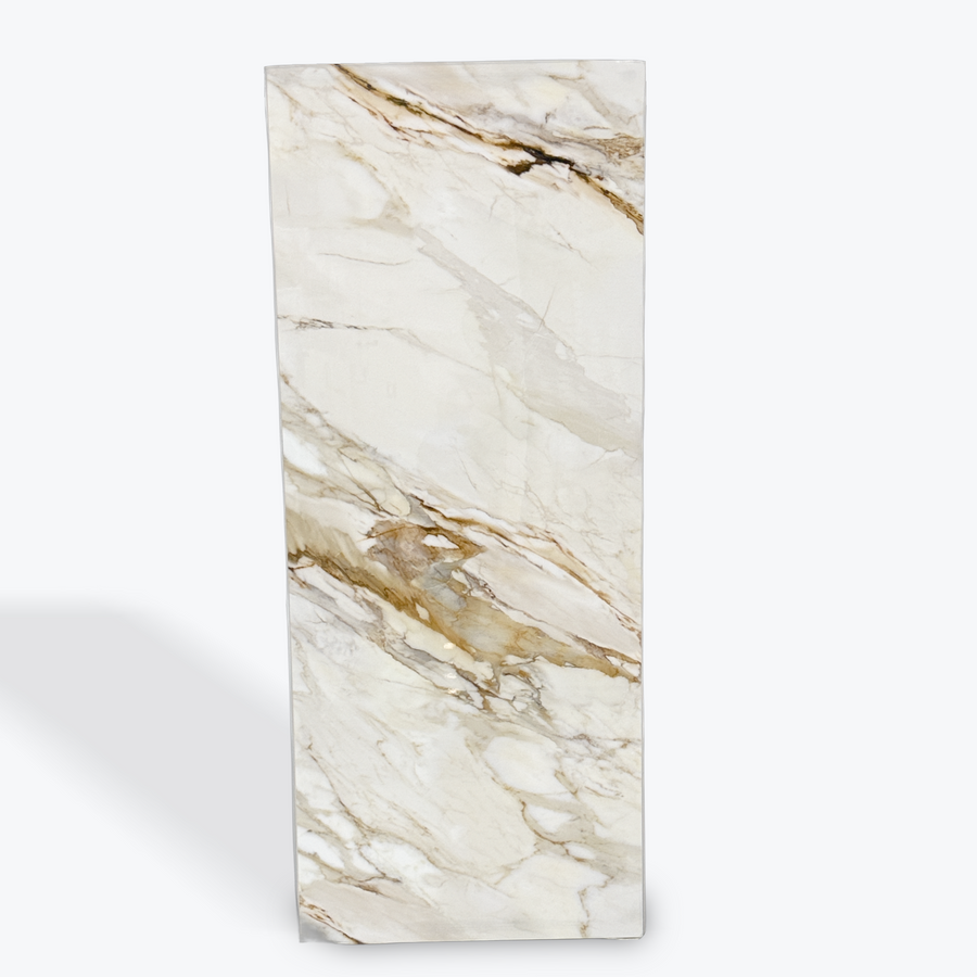 LUXWORLD Calacatta Gold marble SPC wall cladding panel, 1220mm x 2900mm, with white and gold veined marble pattern.