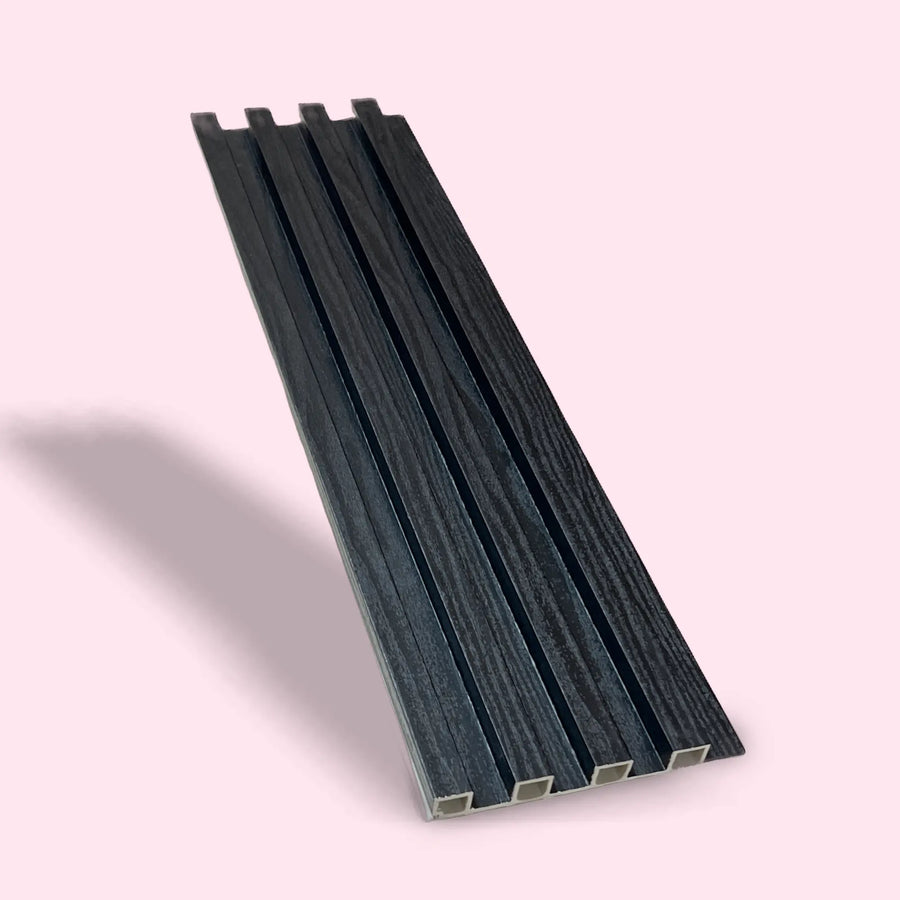 Indoor black wood composite wall cladding panel by LUXWORLD, 2900mm x 160mm, featuring textured black wood finish for wall decoration.